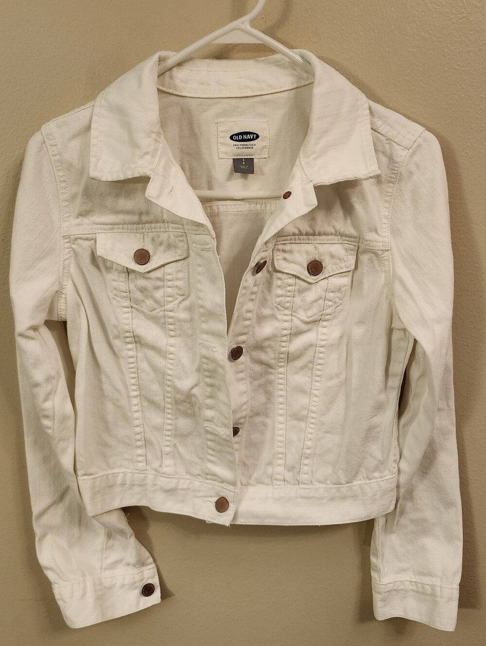 Old Navy Women's White Jean Jacket Petites PS Button Front Collared Pockets